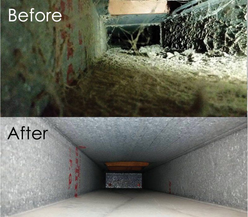 Before and after rectangular air duct cleaning showing cobwebs and dust versus clean metal interior