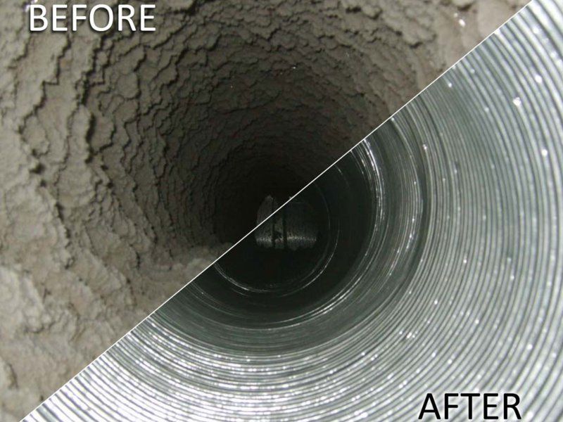 Before and after air duct cleaning showing dust-clogged round duct versus clean duct interior