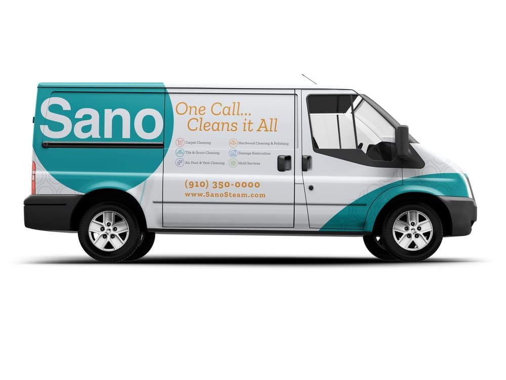 Sano Steam branded service van side profile view showing complete teal and orange vehicle wrap design